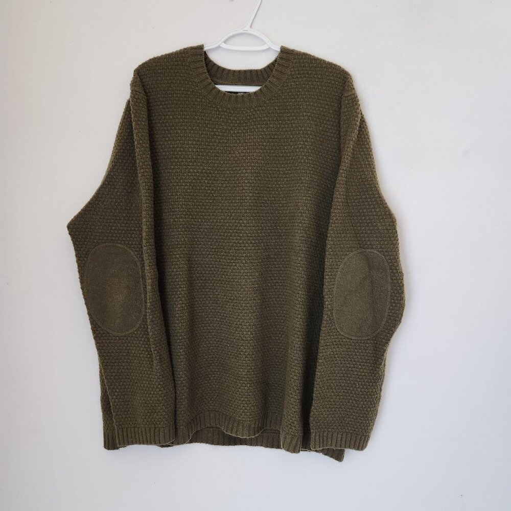 EUC Toad & Co Malamute Lambswool Waffle Knit Crew Sweater Elbow-Patch Green